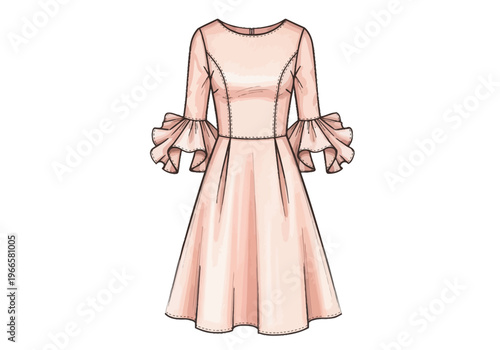 Pink Fit and Flare Fashion Flat Sketch Dress with Tiered Ruffle Sleeves and Princess Seams CAD