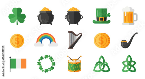 St patricks day icon set traditional symbols in flat vector style