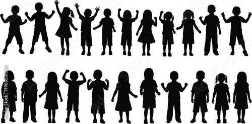 Diverse Group of Children Silhouettes in Various Poses on a White Background kids diversity