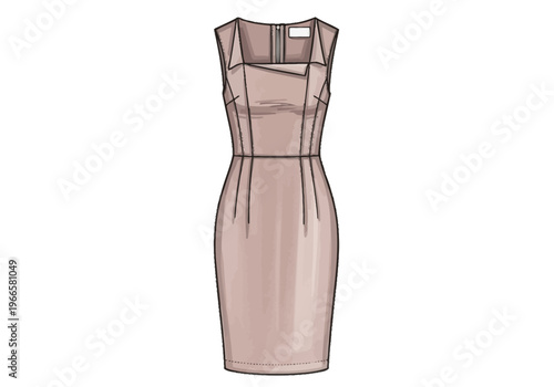 Mauve Pink Sheath Fashion Flat Sketch Dress with Asymmetric Neckline and Princess Seams CAD