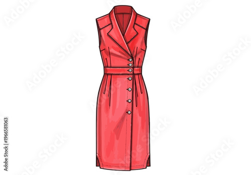 Red Sleeveless Blazer Dress Fashion Flat Sketch with Notch Lapel and Button Closure CAD
