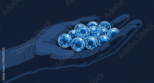 A beautifully rendered, dark blue stylized hand gently cradles a collection of multiple shiny, intricately faceted sapphire-like spherical objects, strongly resembling precious gemstones or valuable
