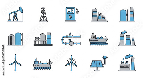 Diverse Energy Industry Icons - Oil Rigs, Wind Turbines, Solar Panels, and Factories.