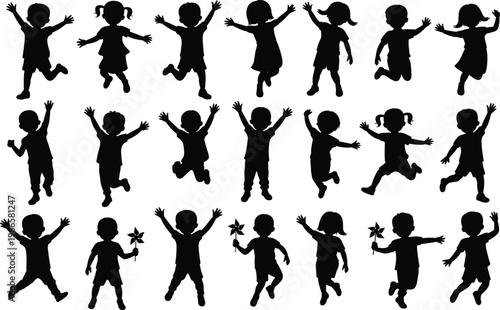 Dynamic Collection of Children Silhouettes in Jumping and Playful Poses with Pinwheels on White kids