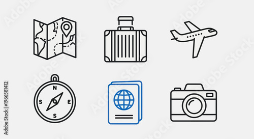 Travel and journey icons map suitcase airplane compass passport camera
