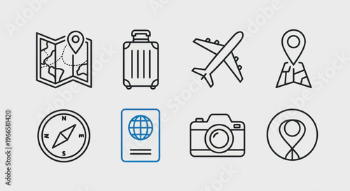 Travel and journey icons map suitcase airplane compass passport camera
