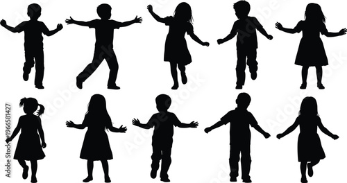 Ensemble of children silhouettes demonstrating various actions and postures Keywords: children, kids, silhouettes, boys, girls, standing, jumping, running, playing, happy, active, diverse