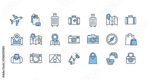 Travel and vacation icon set airplane suitcases maps cameras compass shopping bags