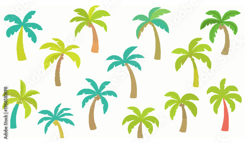 Hand drawn colorful palm trees doodle vector set with retro tropical beach plants and playful miami style illustration