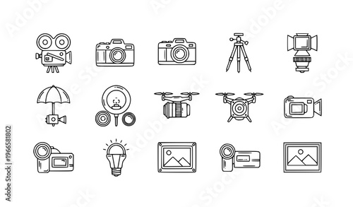Minimal monoline photography icons with digital camera film camera and studio lighting vector set