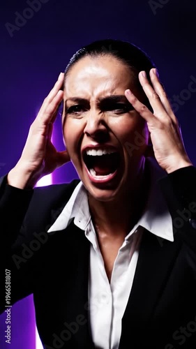 A distressed professional woman in a suit screams with her hands on her head, expressing intense frustration and overwhelming stress