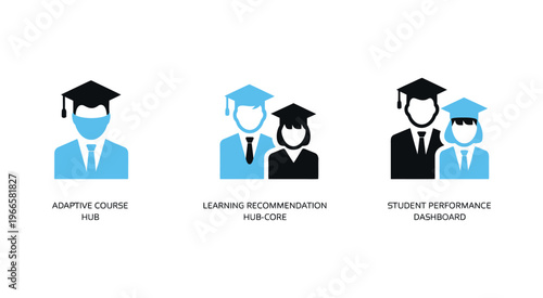 Academic vector icon collection, adaptive courses, learning hubs, student analytics dashboards, education technology, online learning, performance tracking and digital education concept.