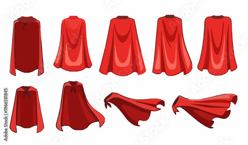 Superhero red cape vector set with flowing silk cloak in front back and side view cartoon costume illustration
