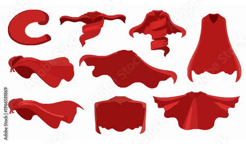 Flowing red superhero capes vector collection with dynamic silk fabric motion and flying cloak shapes
