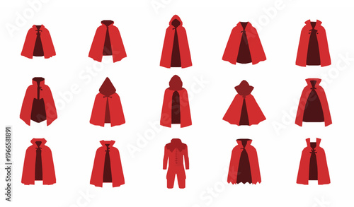 Red cape and cloak icon set with superhero and vampire costume silhouettes flat vector illustration