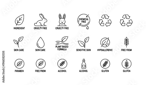 Minimal eco cosmetic icons vector set with organic skincare symbols cruelty free and chemical free line design
