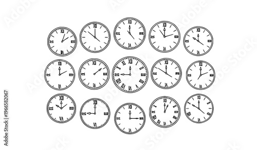 Minimal vintage clock face icon set with roman numerals classic watch dial line vector illustration