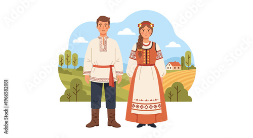 Couple in Traditional Folk Costumes, Rural Landscape Background