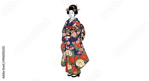 Geisha in Colorful Kimono with Floral Pattern