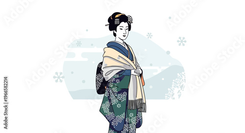 Geisha in Winter Kimono and Shawl, Snowflakes Falling