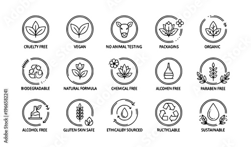 Organic cosmetics line icon set with eco friendly cruelty free vegan badges for natural beauty products
