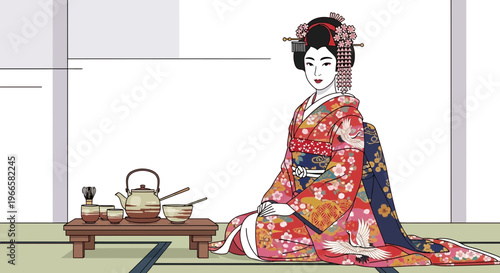 Geisha performing tea ceremony with traditional kimono and tea set