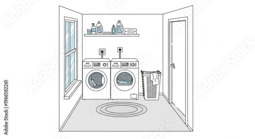 Laundry Room Illustration with Washer, Dryer, and Storage Shelf.