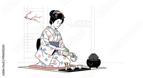 Geisha performs traditional tea ceremony with cherry blossom motif kimono