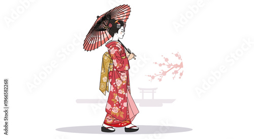 Geisha woman in traditional kimono with umbrella, cherry blossoms, and torii gate