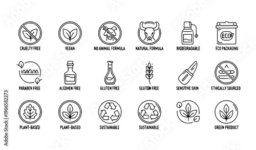 Minimal organic cosmetics icons vector set with eco friendly cruelty free and vegan skincare line badges