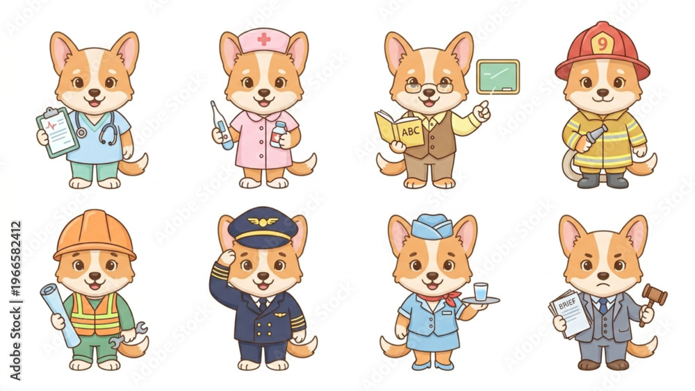 Fototapeta premium Set of funny cartoon animals featuring a cute Shiba Inu, character collection in a vector illustration style Animal in Uniform, Doctor, Nurse, Fightfireman, Air Hostess, Flight Captian, Teacher