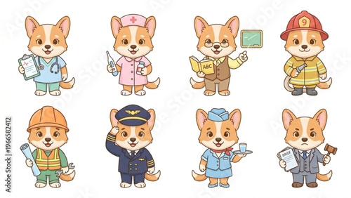 Set of funny cartoon animals featuring a cute Shiba Inu, character collection in a vector illustration style Animal in Uniform, Doctor, Nurse, Fightfireman, Air Hostess, Flight Captian, Teacher