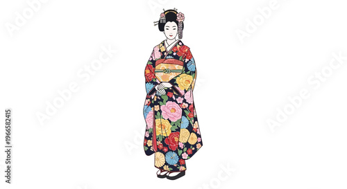 Japanese Geisha in Colorful Kimono with Floral Pattern