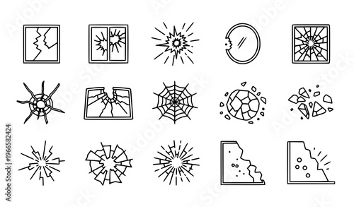 Shattered glass line icon vector set with cracked window windshield mirror and broken fracture symbols