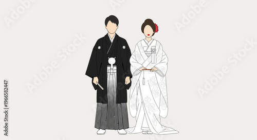 Japanese Couple in Traditional Wedding Kimono Attire
