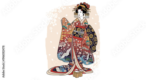 Japanese geisha in traditional kimono with crane and floral patterns, delicate artwork