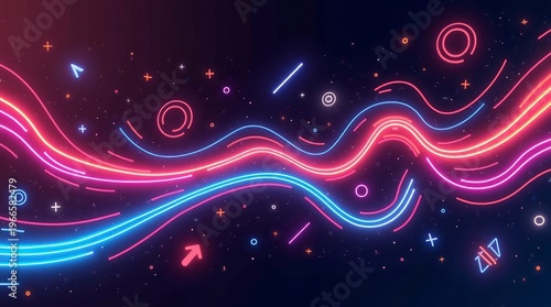 Neon waves and geometric shapes abstract background