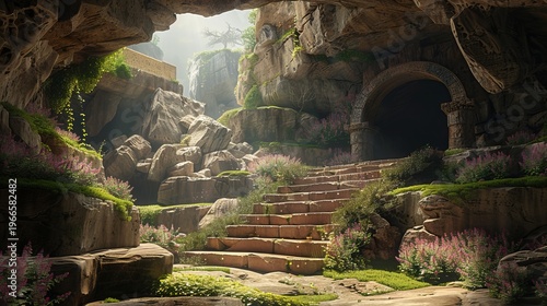 Illuminated ancient tomb with burial shroud symbolizing the resurrection of jesus christ for easter