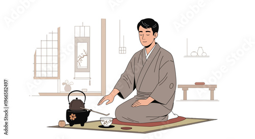 Japanese man in kimono performing tea ceremony
