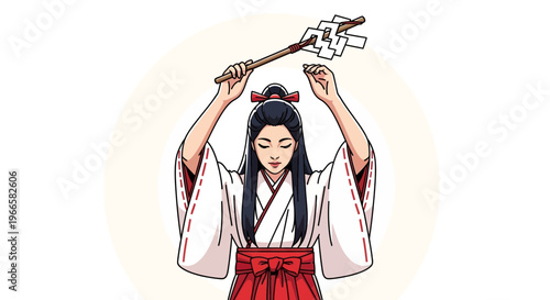 Japanese shrine maiden performing ritual with gohei wand
