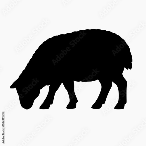 A black silhouette of a sheep grazing or feeding on the ground