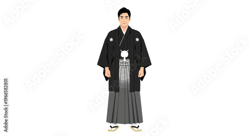 Man in traditional Japanese kimono and hakama, full body, isolated on white