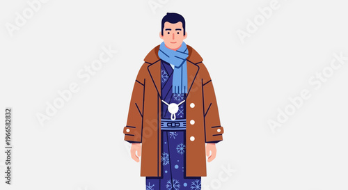 Man in Winter Coat and Scarf, Snowflake Patterned Clothes