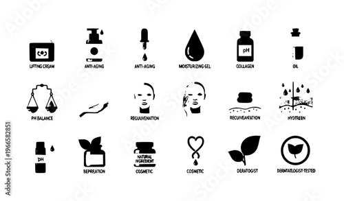 Natural skincare icons vector set with anti aging cream oil collagen gel and cosmetic beauty treatment symbols