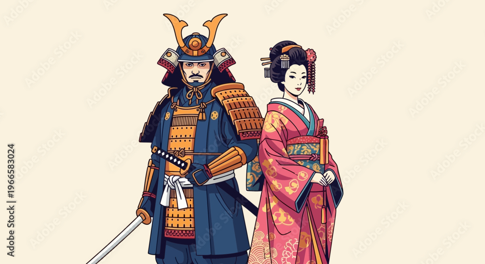 Obraz premium Samurai Warrior and Geisha Woman in Traditional Japanese Attire