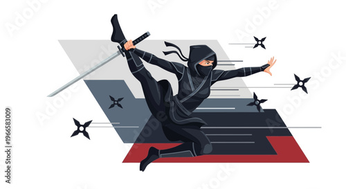 Ninja warrior performing martial arts with sword and shurikens, dynamic pose