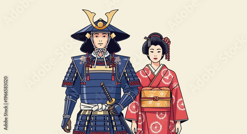 Samurai Warrior and Geisha Couple in Traditional Japanese Attire