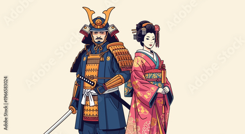 Samurai Warrior and Geisha Woman in Traditional Japanese Attire