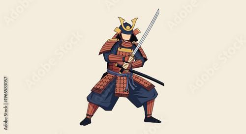 Samurai warrior in traditional armor holding katana sword, ready for battle.