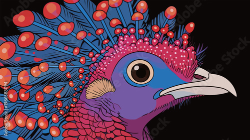 Colorful bird with bright feathers and unique head design sitting against a dark background